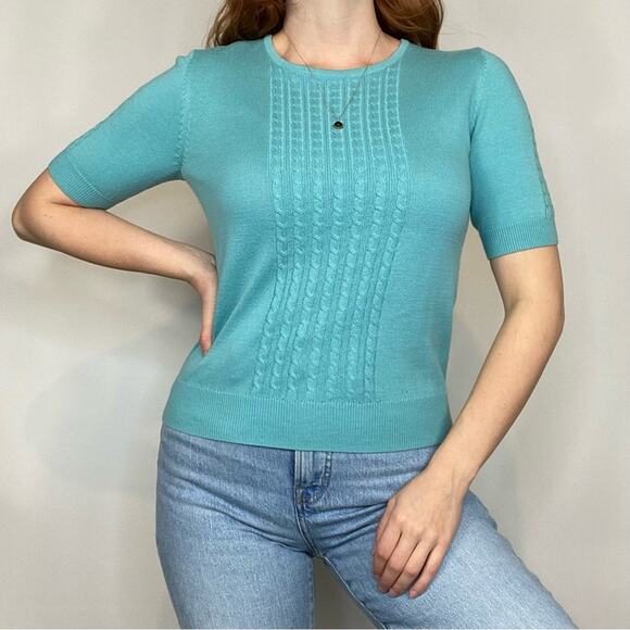 Vintage 90s/Y2K Small Cable Knit Teal Green/Blue Crewneck Sweater Tee Shirt - Picture 5 of 12